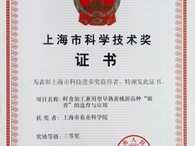 上海市科学技术奖三等奖-鲜食加工兼用型早熟黄桃新品种‘锦香’的选育与应用（2006）
